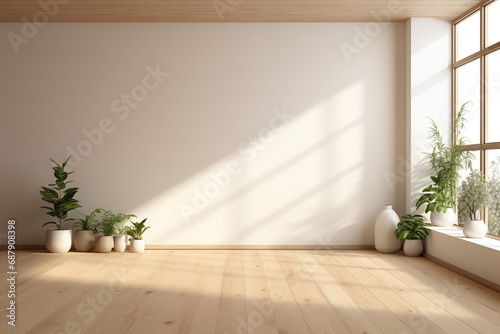 An empty room of a beige modern loft with plants