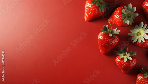 Top view of a red work surface with delicious red strawberries on it photo