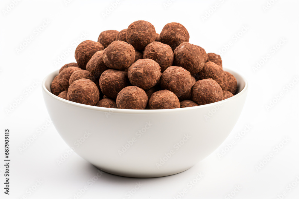 a bowl of chocolate balls on a white surface
a bowl of chocolate balls on a white surface
