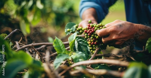 Farmer picking and harvesting red coffee beans in the field photo