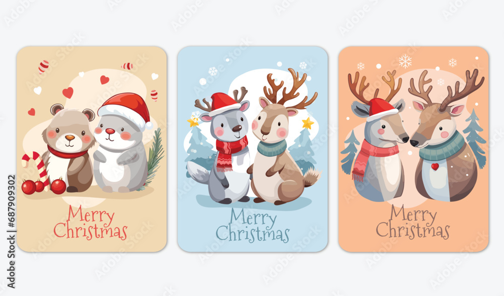 Fototapeta premium Christmas Card Set With Cute Animal Couples Vector Illustration