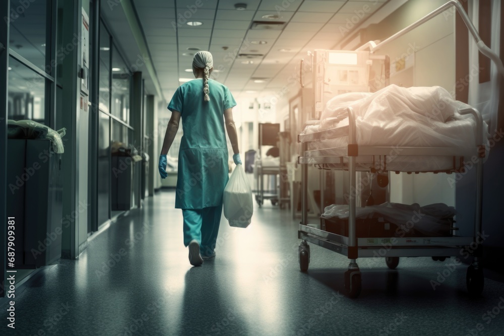 Long exposure photo of a nurse or doctor wearing a mask in a hospital corridor, concept of busyness in a hospital