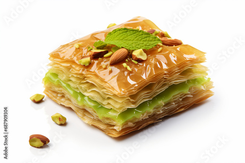 a stack of desserts with nuts and a mint leaf
