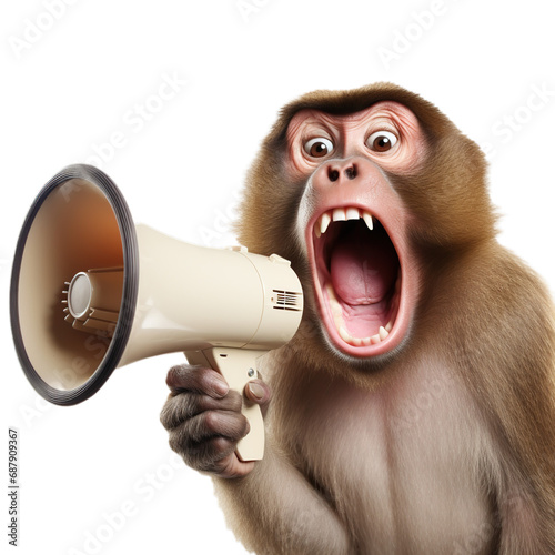 Funny monkey is holding and screaming into a loudspeaker. Business and management concept, isolated on transparent background, PNG file

