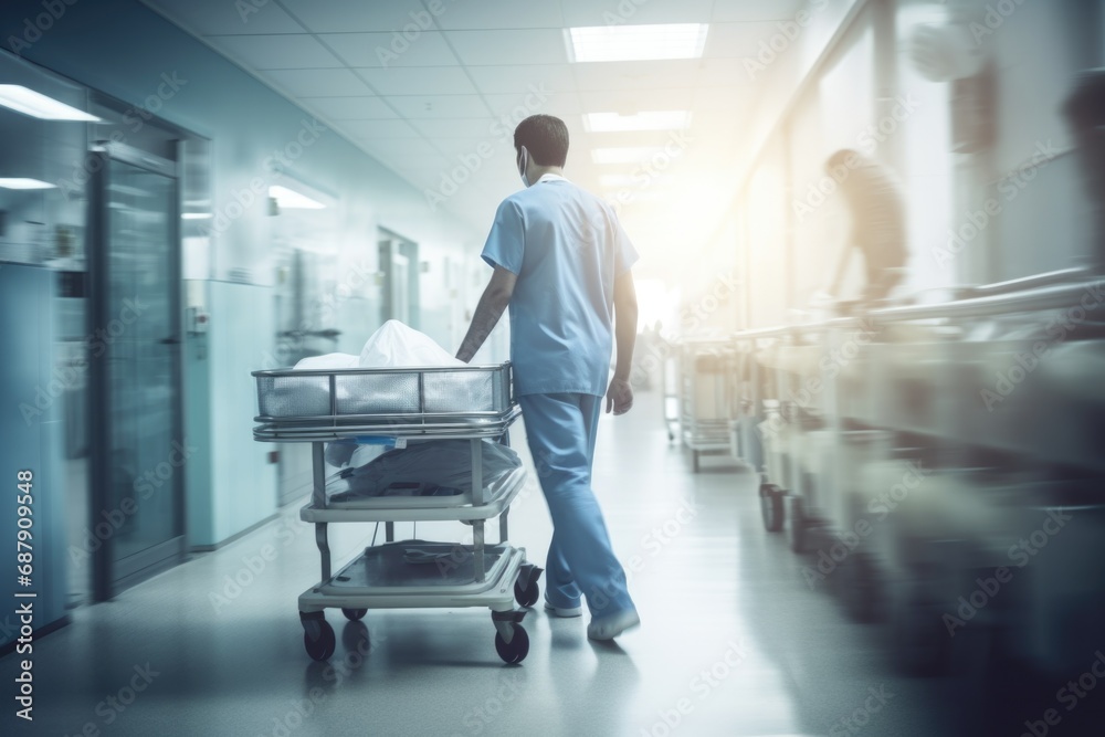Long exposure photo of a nurse or doctor wearing a mask in a hospital corridor, concept of busyness in a hospital Long exposure photo of a nurse or doctor wearing a mask in a hospital corridor, concept of busyness in a hospital