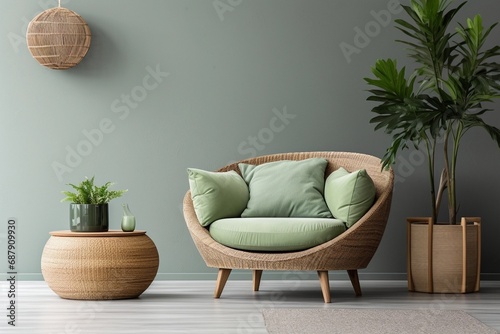 Green lounge chair and round coffee table. home interior design of modern living room photo