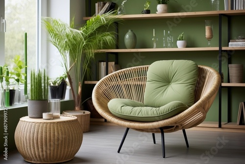 Green lounge chair and round coffee table. home interior design of modern living room photo