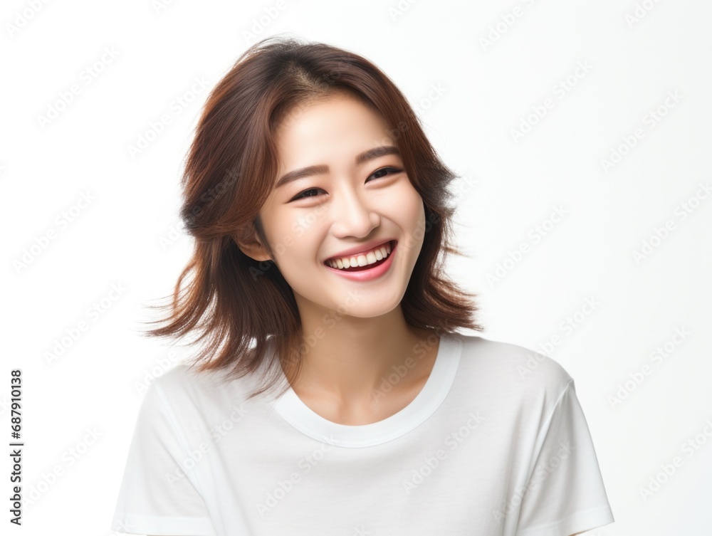 Smile of young Korean woman with healthy white teeth and hygiene Concept of advertising dentist and facial care Smile of young Korean woman with healthy white teeth and hygiene Concept of advertising dentist and facial care