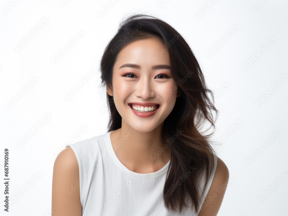 Smile of young Korean woman with healthy white teeth and hygiene Concept of advertising dentist and facial care Smile of young Korean woman with healthy white teeth and hygiene Concept of advertising dentist and facial care
