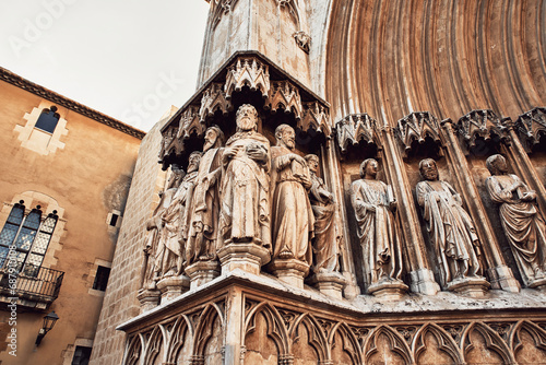 Sculptures on facade of Cathedral of Tarragona. Catalonia region in Spain