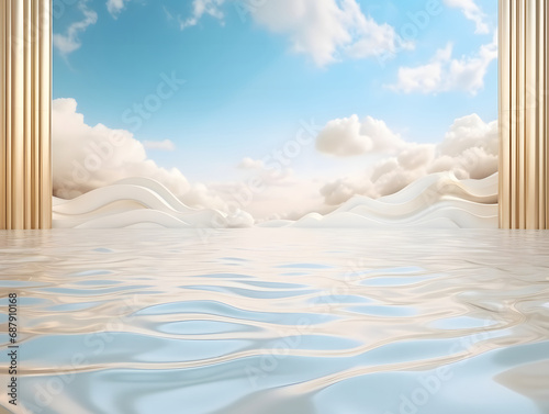 3d rendering of a wavy white shiny floor  gold curtains on both sides  and a blue sky background.