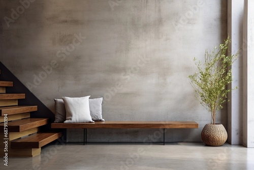 Loft interior design of modern entrance hall with stairs and bencLoft interior design of modern entrance hall with stairs and bench