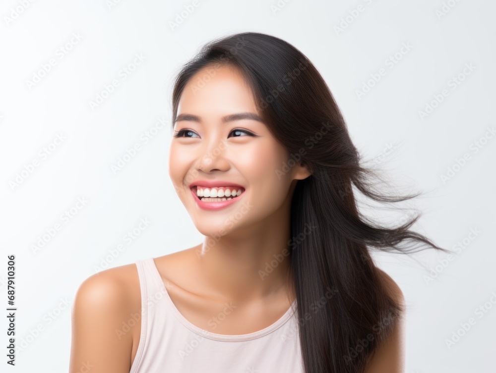 Smile of young Korean woman with healthy white teeth and hygiene Concept of advertising dentist and facial care Smile of young Korean woman with healthy white teeth and hygiene Concept of advertising dentist and facial care