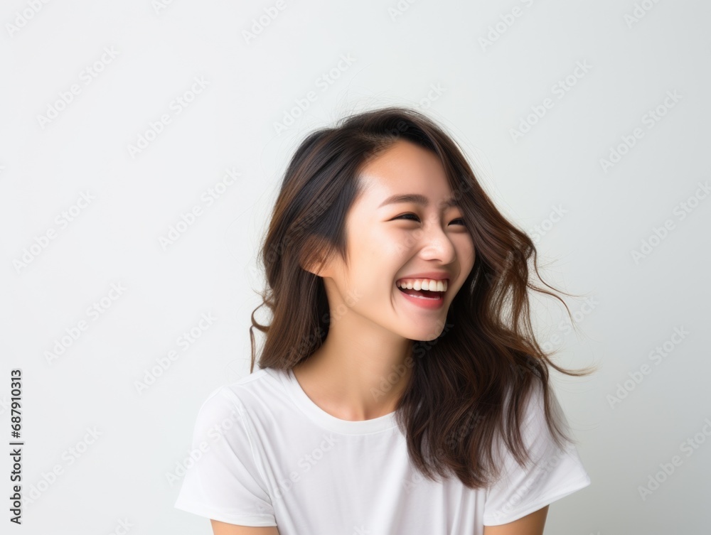 Smile of young Korean woman with healthy white teeth and hygiene Concept of advertising dentist and facial care Smile of young Korean woman with healthy white teeth and hygiene Concept of advertising dentist and facial care