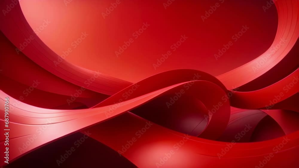 Seamless loop of abstract 3D red curved wide lines on plain red background