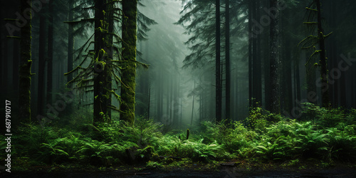 Misty road in fir forest. Minimalistic scenery. Generative AI photo