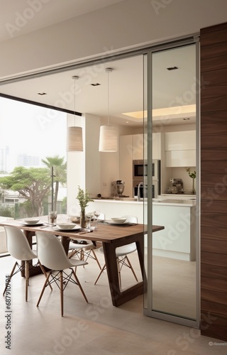 kitchen and dining room seperated by glass door