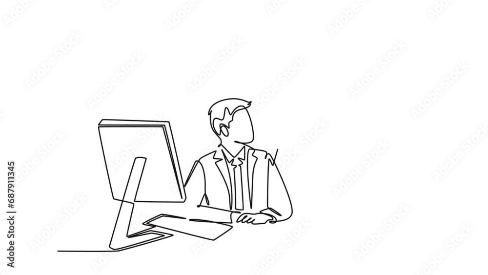 Animated self drawing of continuous line draw young success manager take talk to teach new employee about finishing the job during working at office. Work tutor concept. Full length one line animation Animated self drawing of continuous line draw young success manager take talk to teach new employee about finishing the job during working at office. Work tutor concept. Full length one line animation