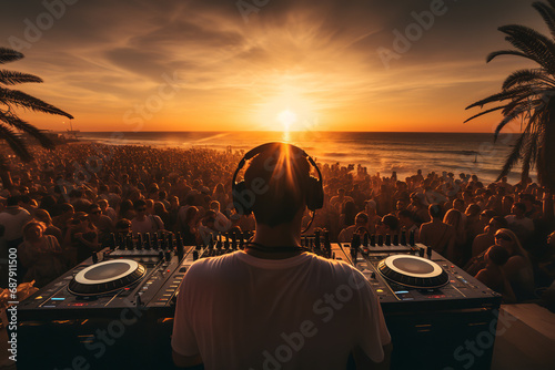 From the DJ's perspective, overlooking a crowd at a beach party with sunset background, capturing a warm, connective moment  