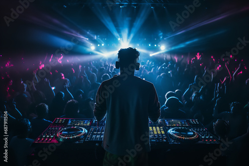  Dynamic scene capturing the interaction between a DJ and the crowd during a live performance, full of vibrant energy. 