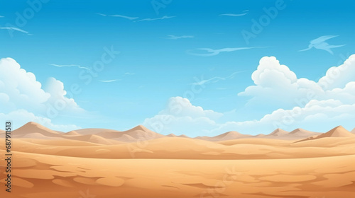 A dry desert surrounded by sand dunes with a clear sky. © Gun