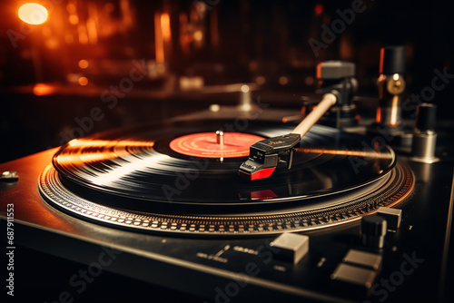 Close-up of a DJ's turntable with a spinning vinyl record, capturing the detailed art and nostalgia of vinyl DJing
