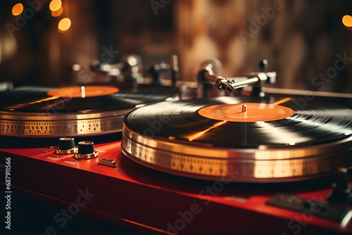  Retro-themed DJ party setup with vinyl records and classic turntables, creating a nostalgic, vintage atmosphere. 