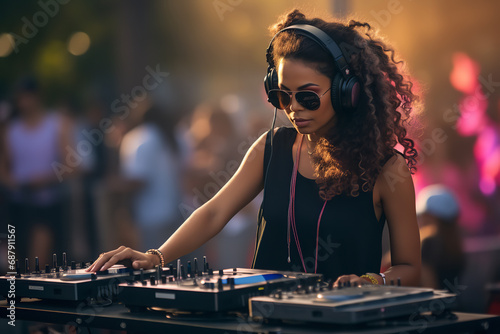  Female DJ playing upbeat music at an open-air event, representing diversity and empowerment in the music industry.
