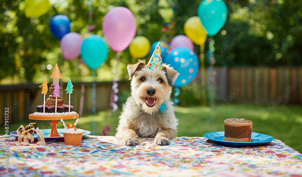 Pies rasy terrier świętujący urodziny na zewnątrz z balonami i tortem - obrazy, fototapety, plakaty 