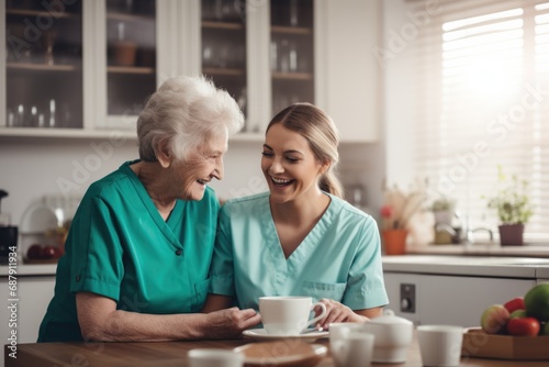 Nurse helps old woman in nursing home for health care