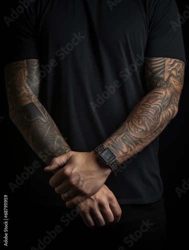 Close up photo holding a man's arm with tattoo