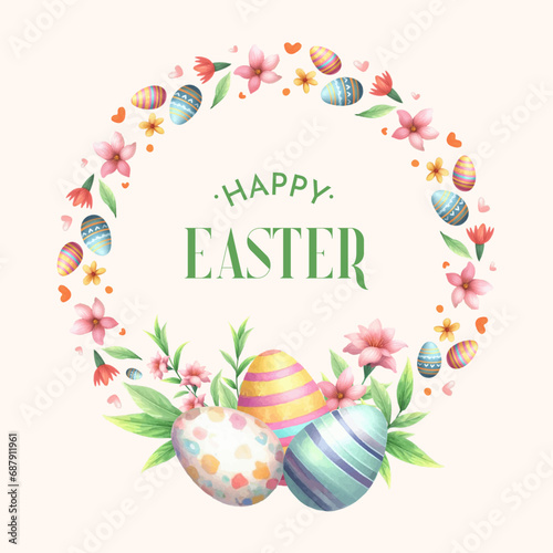 vector watercolor spring easter floral wreath with eggs 