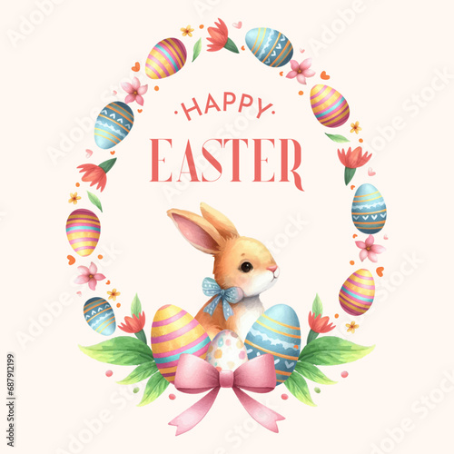 vector watercolor spring easter floral wreath with eggs
