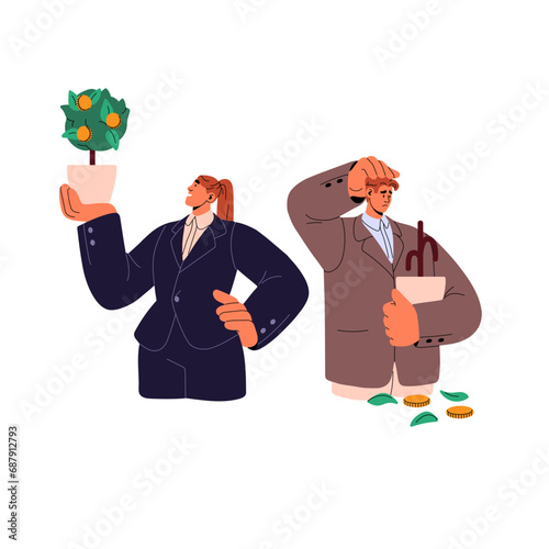 Financial literacy concept. Business success and failure processes. Efficiency investment strategy, profit. Entrepreneurs with money tree, plant. Flat isolated vector illustration on white background