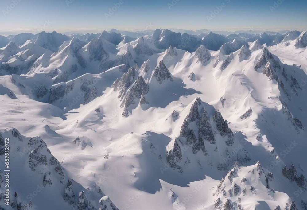 Aerial View Snow-covered Alpine Landscape Jagged Mountain Peaks Pristine Slopes