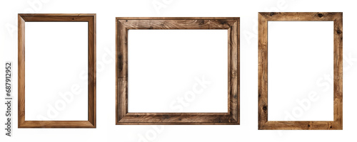 Set of empty natural wooden photo frames on transparent background. Realistic border wooden rectangular picture frame for design, Image display concept photo