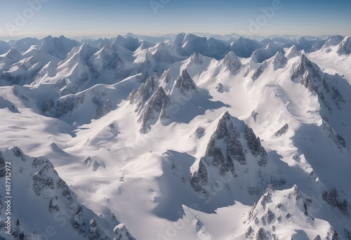 Aerial View Snow-covered Alpine Landscape Jagged Mountain Peaks Pristine Slopes © Getnet