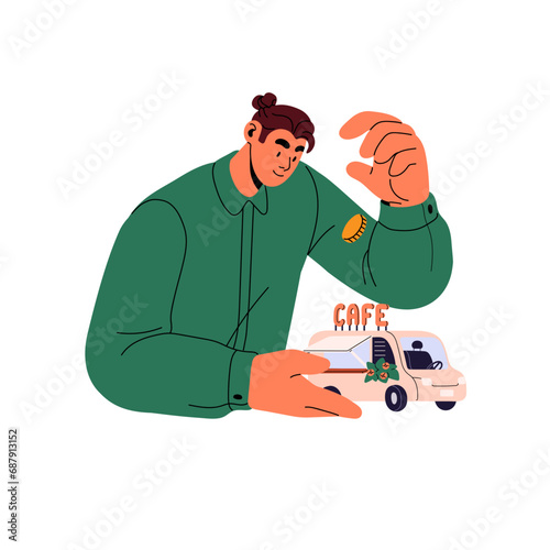 Business process concept. Entrepreneur invest money in food truck. Businessman funding to startup. People donate to new company. Investment, growth strategy. Flat isolated vector illustration on white