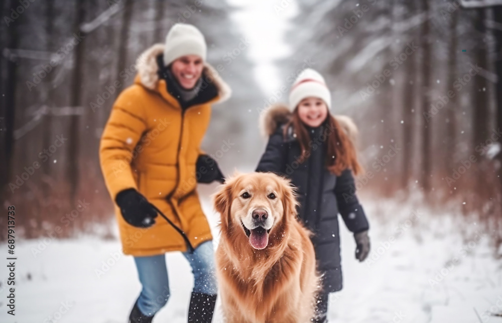 A happy family walks their domestic golden retriever outdoors in the winter forest. Focus and sharpness on a dog