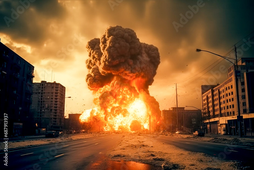 A nuclear bomb explodes in the city. End of the world illustration.