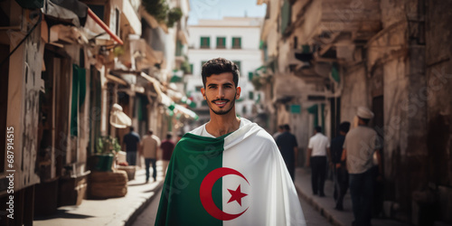 Algerian man draped in Algeria flag in Alger street photo