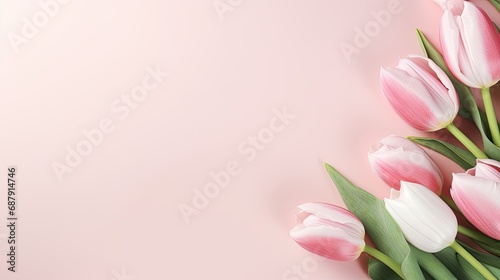 a Mother s Day concept with a bouquet of white and pink tulips on an isolated light background. Ensure there is ample copy space  and the composition follows a minimalist and modern style.