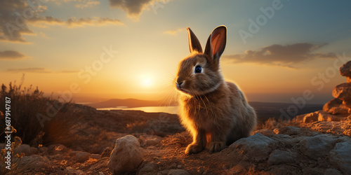 A Rabbit is sitting peacefully on a hill alone with sky background High quality photo © Basit
