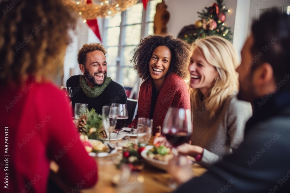 Friends gathered around a dinner table for a Christmas meal. The table is set with plates, glasses, and silverware. There are candles and a centerpiece of red berries and pinecones on the table