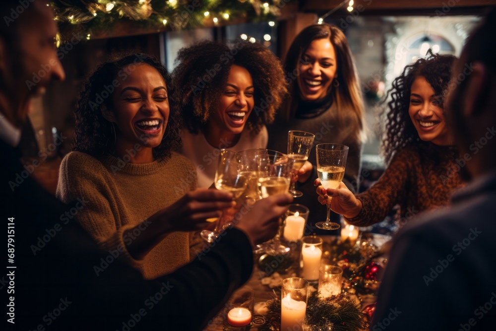Joyful group of friends celebrating together, raising glasses of champagne amidst warm candlelight, festive decorations, and twinkling fairy lights