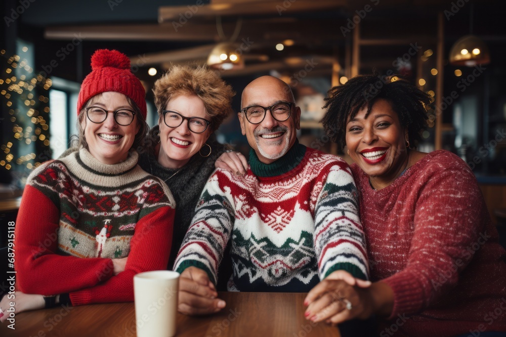 Obraz premium Joyful friends in winter attire at a cafe, radiating warmth and happiness, with festive lights illuminating the background