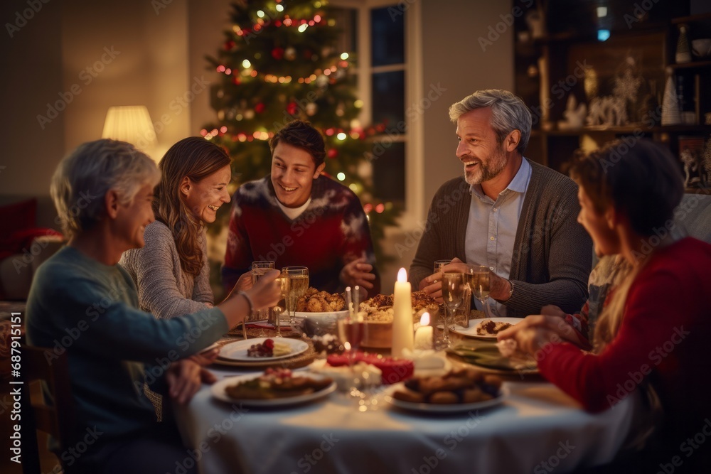 A family gathers around a festive table, enjoying a Christmas dinner. Their faces glow with happiness, amidst candlelight and a decorated tree