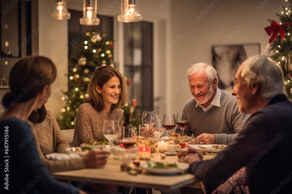 A family gathers around a festive table, enjoying a Christmas dinner. Their faces glow with happiness, amidst candlelight and a decorated tree