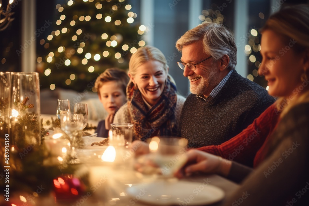 A family gathers around a festive table, enjoying a Christmas dinner. Their faces glow with happiness, amidst candlelight and a decorated tree