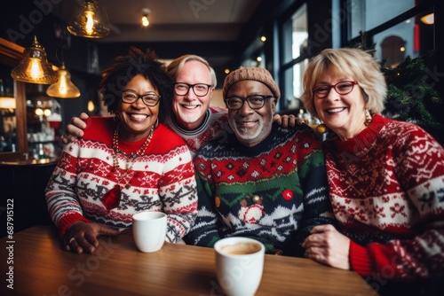 Joyful friends in winter attire at a cafe, radiating warmth and happiness, with festive lights illuminating the background